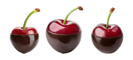 Collection set of chocolate-covered cherries isolated on transparent or white background, png