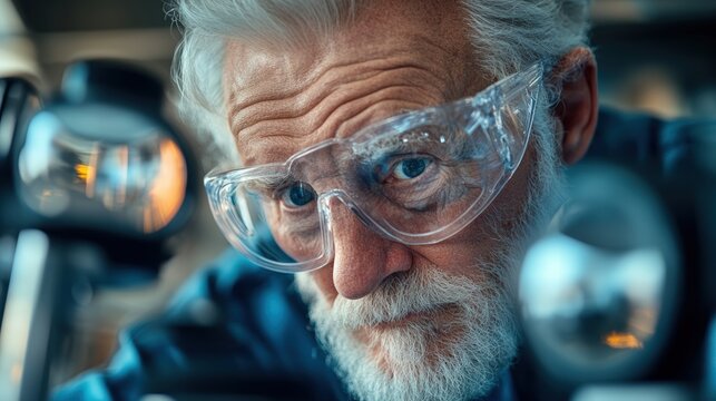 A senior scientist wearing safety glasses examines samples in a laboratory setting