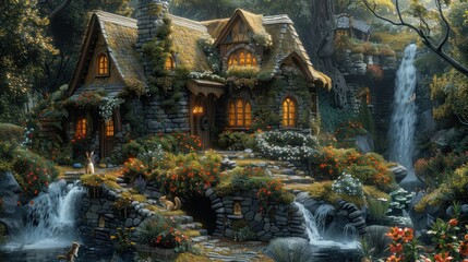 Obraz premium Enchanted Cottage by the Waterfall