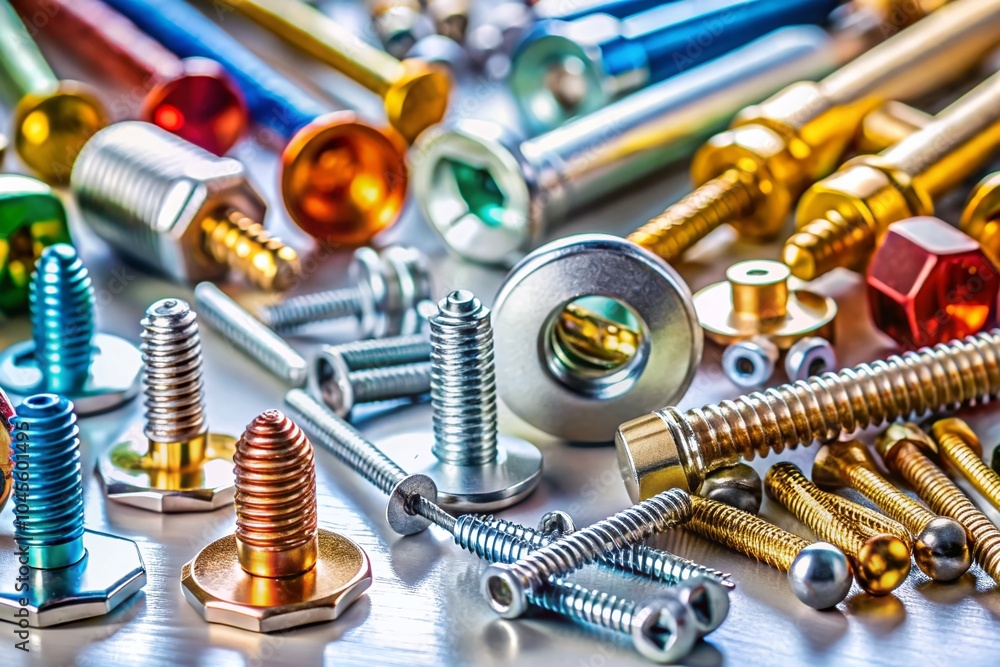 Poster closeup of lined up hardware fixing items on white table for diy and home improvement projects