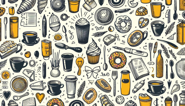 Seamless sketch pattern featuring cafe themed elements like cups and pastries