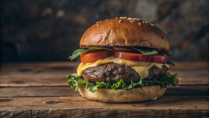 Delicious Cheeseburger with Lettuce and Tomato on Wooden Table