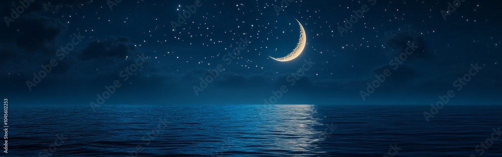 Poster a crescent moon casts a gentle glow on the calm ocean, while countless stars twinkle in the clear ni
