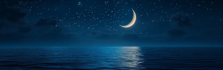 Fototapeta premium A crescent moon casts a gentle glow on the calm ocean, while countless stars twinkle in the clear night sky, creating a peaceful and serene ambiance