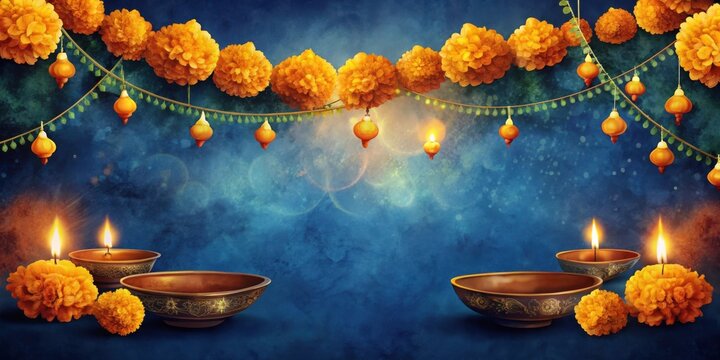 Festive Illumination with Marigold Flowers and Glowing Lanterns on a Blue Background