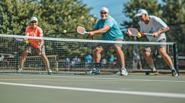 Three players enjoying pickleball on a sunny public court with trees in the background
