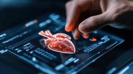 Medical professional interacting with a holographic heart model in a modern healthcare setting
