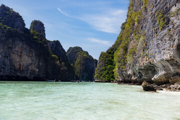 Many fishing boat with tourists in the beautiful crystal clear water at Pileh Lagoon, Krabi, Southern of Thailand, on May 30,2023 in Phi Phi National Park, Krabi Province Thailand