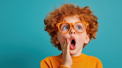Surprised child with curly red hair and orange glasses posing against a blue background
