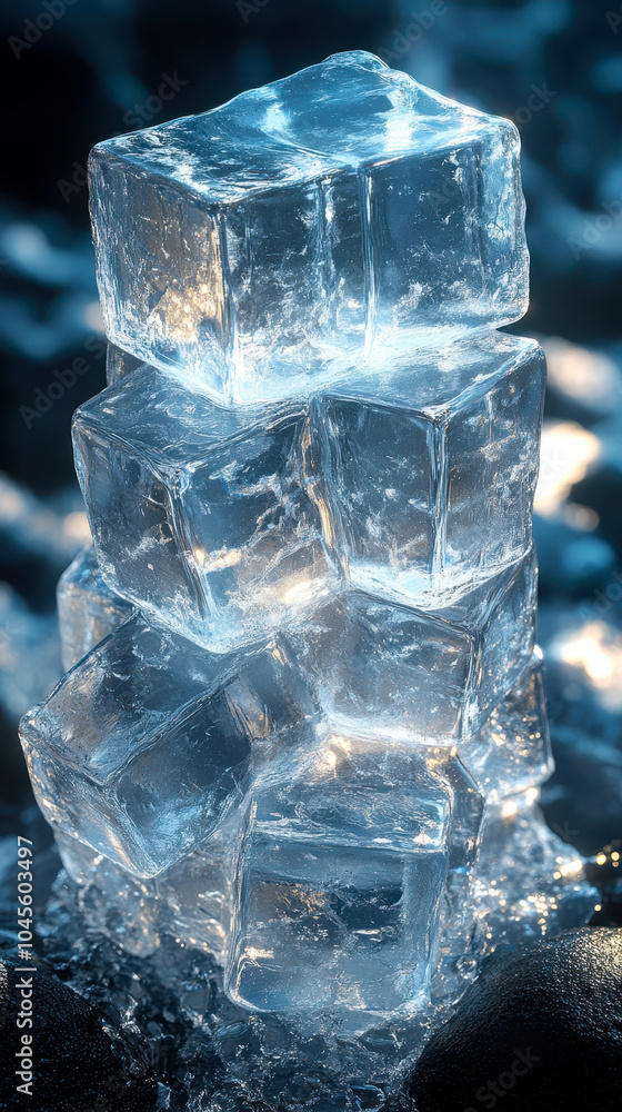 Poster stack of clear ice cubes on dark surface with crystal texture in abstract pattern