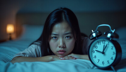 Annoyed, stressed, anxiety asian young woman suffering from insomnia with alarm clock time, frustrated awake on bed at night, health care problem, disturbed trouble of loud noise, unable sleepless.