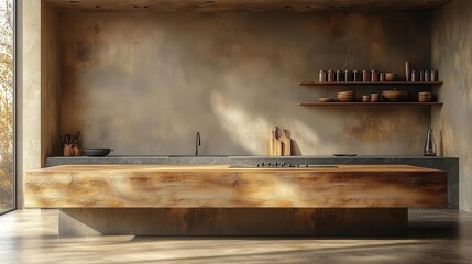 wooden countertop in a modern kitchen featuring a clean empty surface against a beige wall designed as a 3d podium perfect for advertising or display