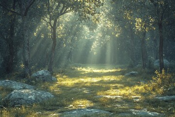 Fototapeta premium A serene forest path illuminated by soft sunlight filtering through the trees.