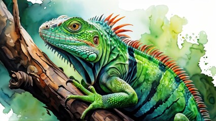Fototapeta premium A vibrant green iguana perched on a branch, showcasing its colorful scales in a natural setting.