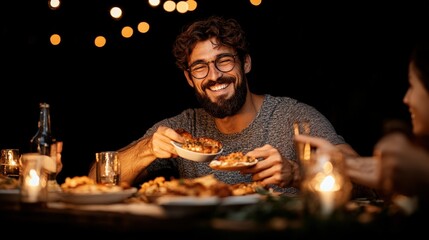Obraz premium A joyful man sharing a delicious meal under twinkling lights at a cozy dinner gathering
