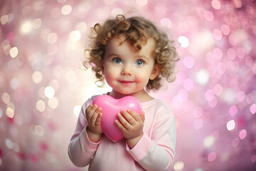 Fototapeta premium A cheerful child with curly hair holds a pink heart-shaped toy against a shimmering pink backdrop.