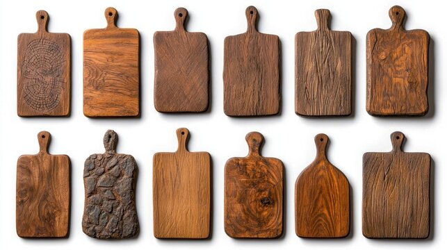 A photostock of a set of wooden cutting boards, white background, kitchenware