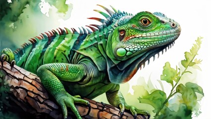 Obraz premium A vibrant green iguana perched on a branch among lush foliage.