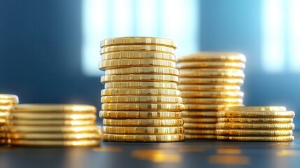 Stacked golden coins on a soft-focus background, showcasing wealth and prosperity.