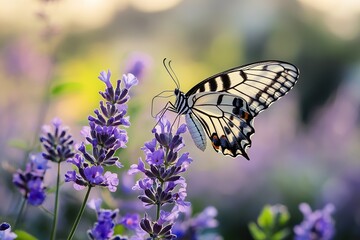 Obraz premium Photograph of a butterfly with black and white wings on a purple flower