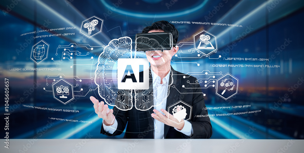 Poster business man with goggles working while using ai technology. project manager with formal suit checki