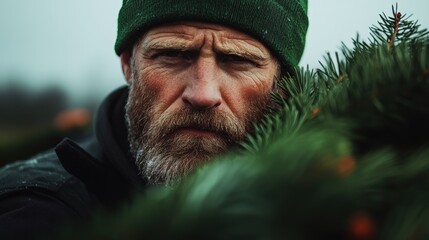 Man carefully inspecting freshly harvested fir trees on a cloudy day at a tree farm