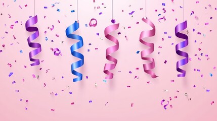 Obraz premium Colorful confetti and ribbon swirl background for a festive celebration