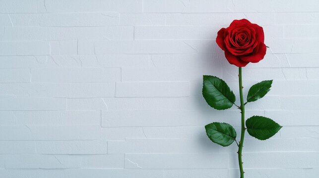 A photostock of a single red rose on a white background, romantic theme