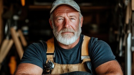 A skilled craftsman in work attire poses confidently in a workshop full of tools