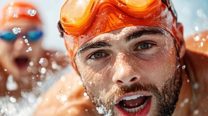 Competitive swimmers training with intensity in a clear blue pool during daylight