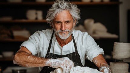 Experienced artisan shaping dough in a rustic bakery during morning hours