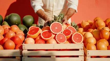 Fresh citrus and fruits displayed at a market stall in the morning light