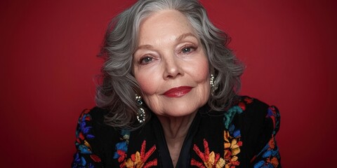Naklejka premium Portrait of a Senior Woman with Grey Hair and Red Lipstick on Red Background