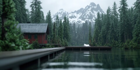 Fototapeta premium Secluded Cabin by Tranquil Lake with Mountain Views and Lush Forest