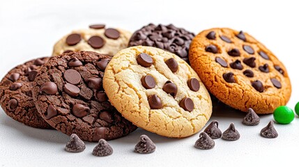 A photostock of assorted cookies with chocolate chips, white background, dessert theme