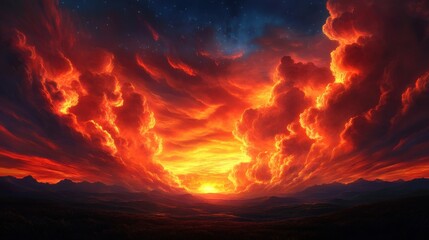 Vibrant sunset over mountains with dramatic clouds in fiery colors, showcasing nature's beauty.
