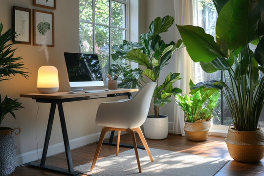 wellness home workspace, a wellness-focused home office featuring elegant decor, a smart standing desk, leafy plants, and a subtle aroma diffuser
