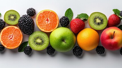 A photostock of assorted fresh fruits, white background, vibrant colors