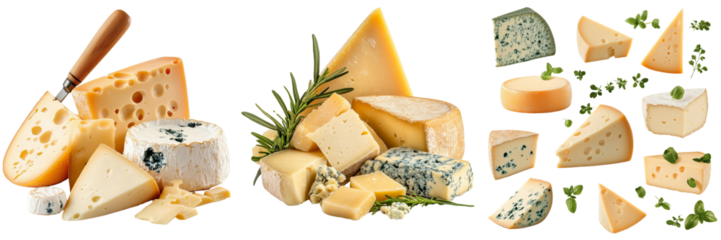 Assorted gourmet cheeses with a cheese knife on display isolators in the background
