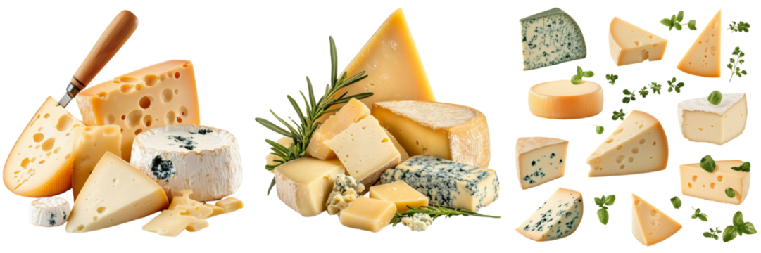 Assorted gourmet cheeses with a cheese knife on display isolators in the background
