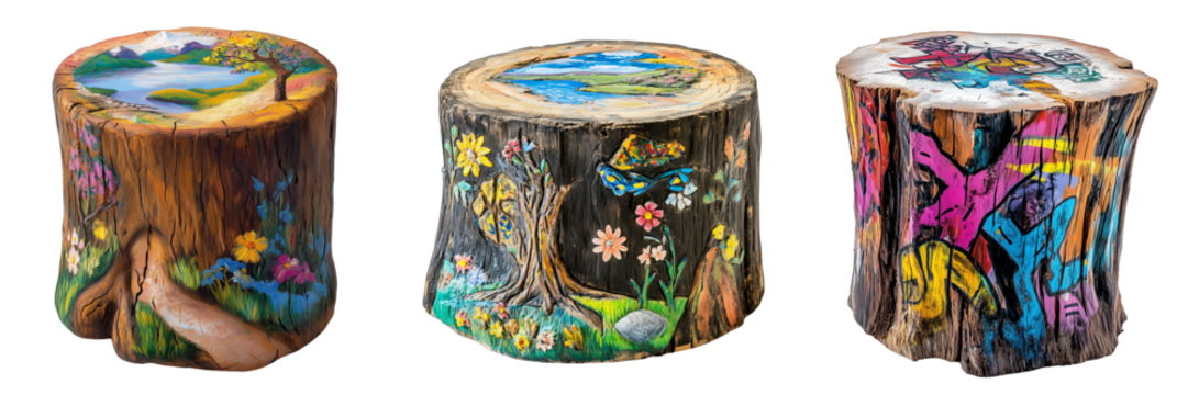 Colorful graffiti on a rustic tree stump isolators in the background
