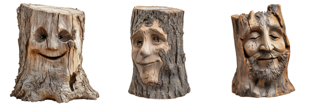 Intricate wooden sculpture of a smiling face in a tree trunk isolators in the background
