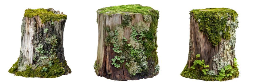 Moss-covered tree stump with vibrant green growth isolators in the background

