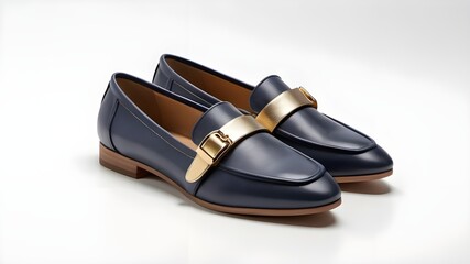 A photo-realistic image of trendy slip-on loafers in deep navy leather, with a gold buckle detail