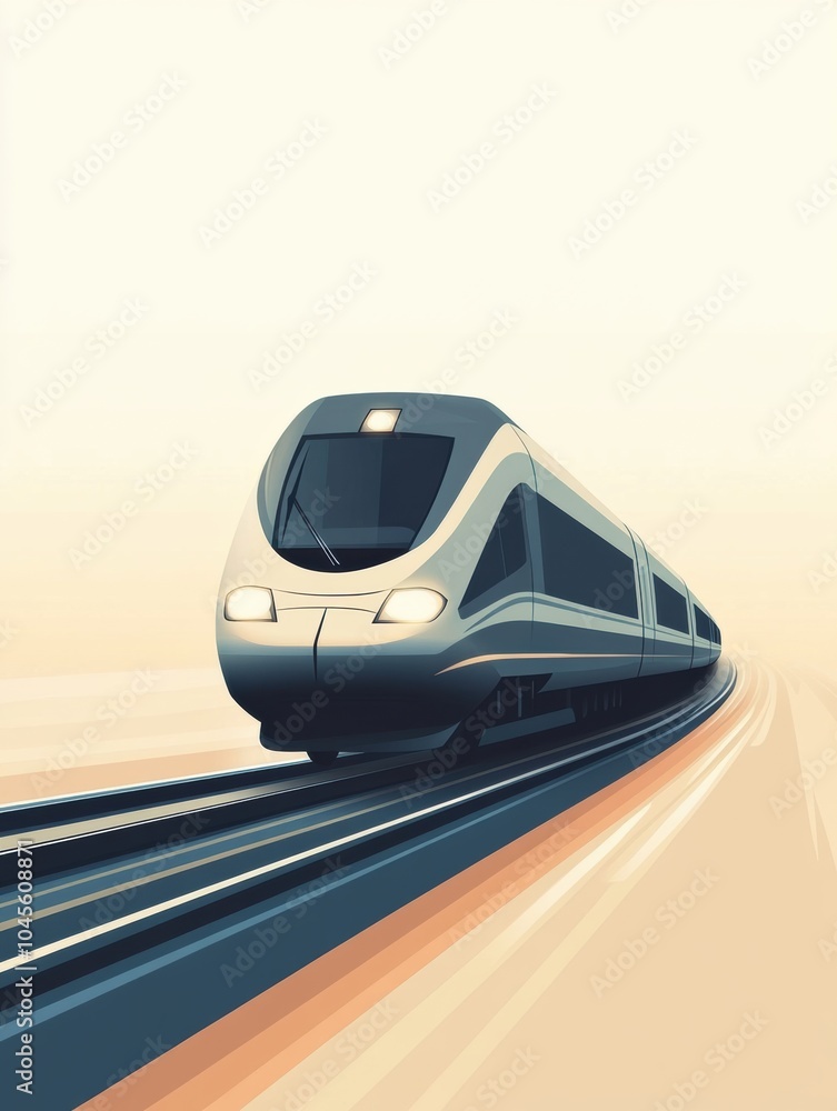 Poster a streamlined train travels effortlessly along curved tracks, set against a calm and minimalistic ba
