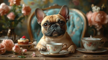 Featuring pets in charming, tea party settings, emphasizing playful and elegant moments. Ideal for tea party-themed social media posts and pet blogs. Detailed view of pets with teacups.
