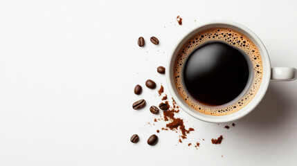 Obraz premium Rich black coffee spills from cup, surrounded by coffee beans and grounds