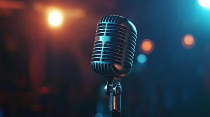 A vintage-style metal microphone on a stand, glowing softly under stage lights, perfect for retro concert or broadcast themes.