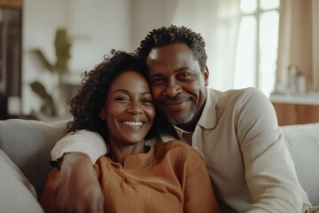 Obraz premium Portrait of attractive aged retired couple hugging resting together at home sit on sofa laughing looking at camera, enjoy their harmonic relationships lifelong marriage and carefree life on retirement
