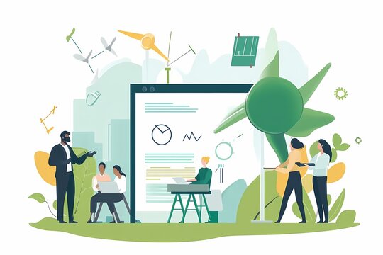 Diverse businesspeople analyzing charts for renewable energy solution